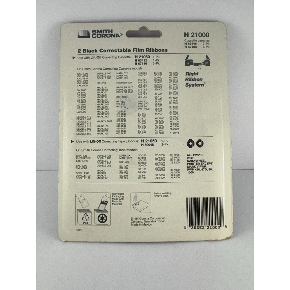 Genuine Smith Corona H Series 21000 Correctable Typewriter Ribbons 2 Pack‎ New